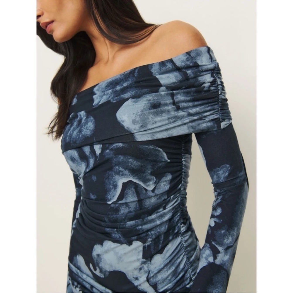NWT Reformation Brooks Knit Dress Mini Long Sleeve Off The Shoulder Blue XS - Picture 9 of 12